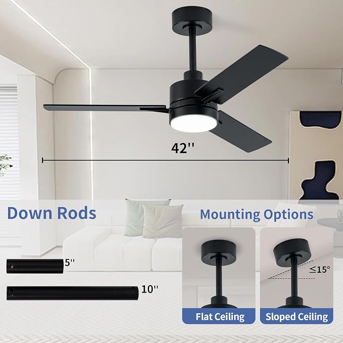 LANMEL 42 Inch Metal Ceiling Fan with Light, Modern Flush Mount Low Profile with Remote Control, Reversible, 3cct Dimmable, Quiet, Black LED for Bedroom, Living Room, Indoor/Outdoor Patio Use