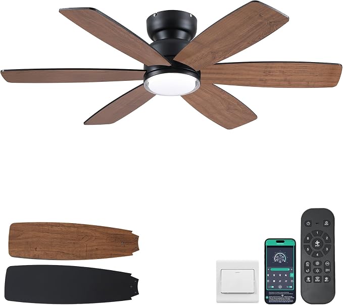 Kviflon 46" Rustic Ceiling Fans with Lights, Low Profile Flush Mount Ceiling Fan with Remote/APP Control, 6 Reversible Double-sided Blades, 3 CCT Dimmable LED Lights for Living Room Farmhouse, Brown