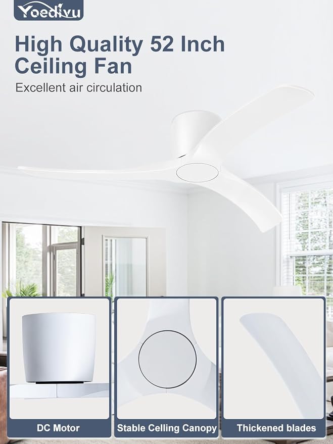 52 Inch Smart Ceiling Fans Without Lights, Low Profile Flush Mount Ceiling Fan with Alexa & Remote Control, 6 Speed Reversible Quiet DC Motor, White Ceiling Fan for Bedroom Living Room Patio
