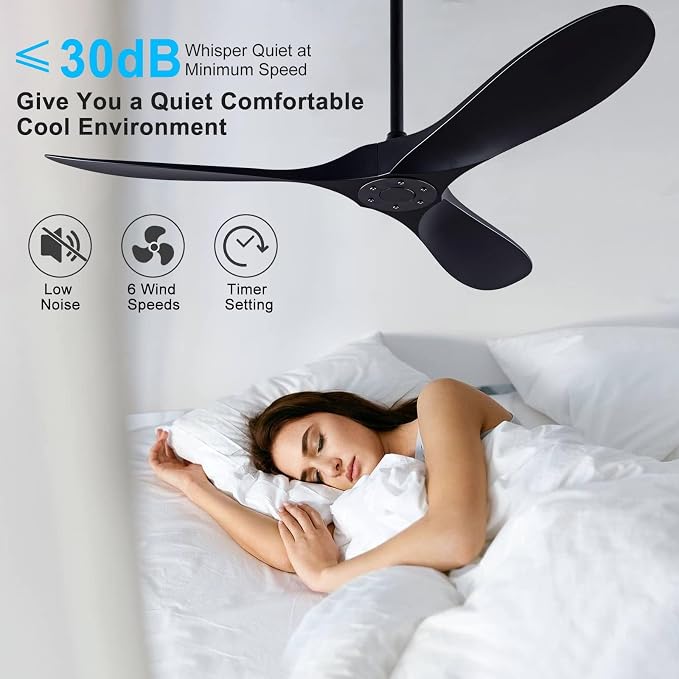 QUTWOB 52-inch Ceiling Fan (with Remote Control), 3-Blade Ceiling Fan, Suitable for Patios and Offices, Ideal for Indoor and Outdoor Use (Black)