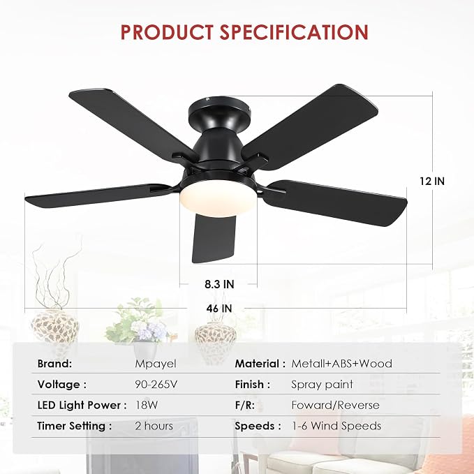Mpayel 46 Inch Ceiling Fans with Lights and Remote, Black Ceiling Fan with Light Flush Mount, Low Noise, Reversible, Dimmable, Modern Low Profile Ceiling Fan with Light for Bedroom Indoor Outdoor