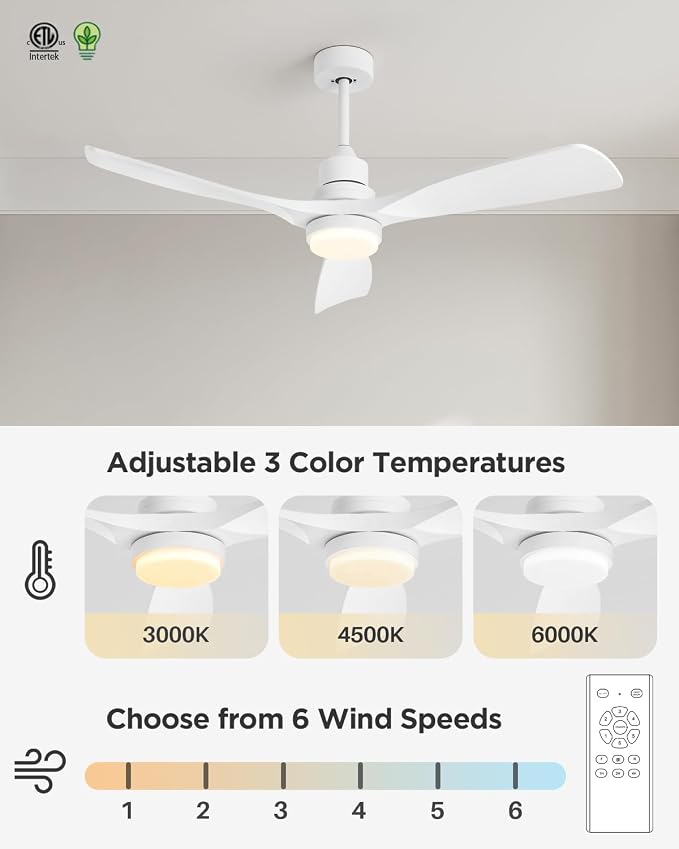 52 Inch Ceiling Fans with Lights Remote, White Ceiling Fans 3-Color Light, Timer, ETL Listed, 3 Downrods, 3 Blades, 6 Speed Modern Fan Quiet Reversible DC Motor for Patio Outdoor,52in,White