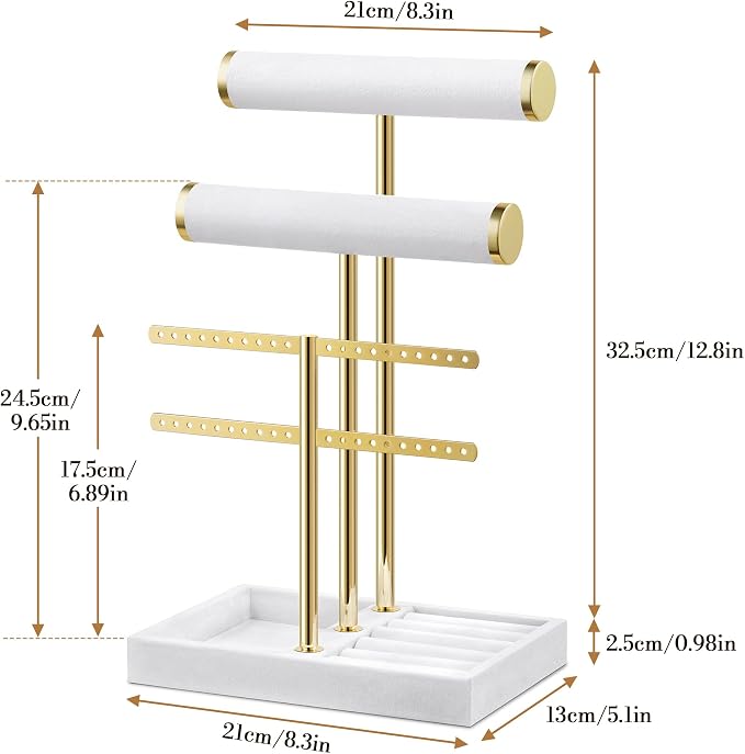 Bracelet Holder Jewelry Organizer Display - 3 Tier T Bar Velvet Stand, Black Jewelry Storage for Bracelet, Necklaces, Earrings, Rings, Watches