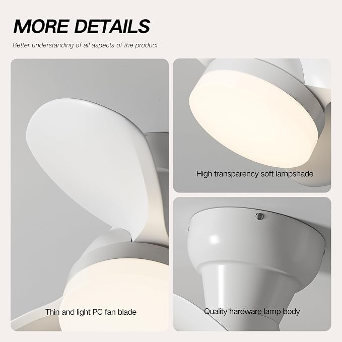 20 Inch Ceiling Fan with Light, 3 ABS Blades, White Small Ceiling Fan with Remote Control, Suitable for Living Room, Dining Room, Bedroom