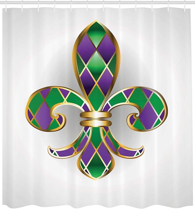 Ambesonne Fleur De Lis Shower Curtain, Golden Yellow Colored Lily Diamond Shapes Royalty Theme, Cloth Fabric Bathroom Decor Set with Hooks, 69" W x 75" L, Purple Green