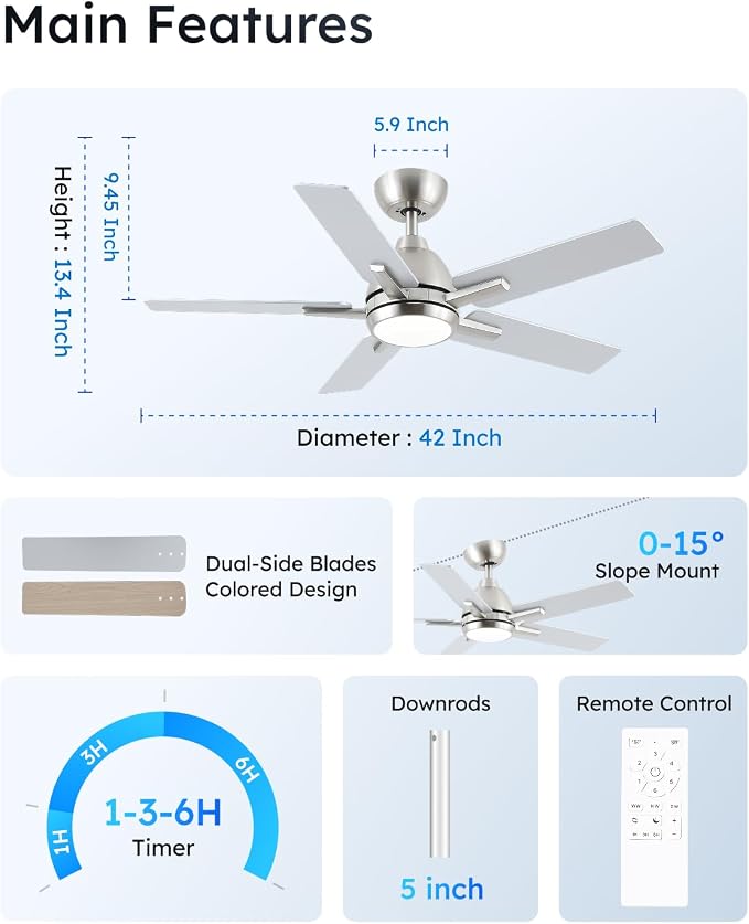 42 Inch Downrod Brushed Nickel Ceiling Fan with Light & Remote, ETL Listed | 6 Speed, Quiet DC Motor, 3-Level Timer Function, 3 Color Temperature, Forward/Reserve For all Seasons, Indoor/Covered Outdoor