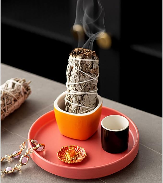 ARFUKA Palo Santo Holder Incense Holder 3 in 1 Incense Burner Holder Palo Santo Holder Sage Holder Candle Holder Ceramic Ash Catcher Tray for Meditation Yoga Room