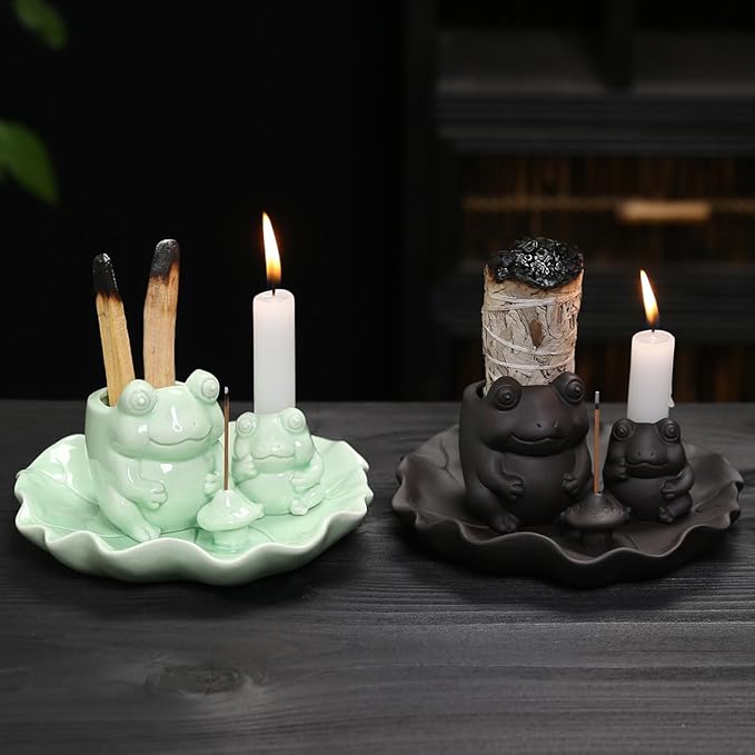 ChangWanna Multifunction 4 in 1 Frog Incense Holder, Palo Santo Holder, Sage Holder, Ceramic Incense Stick Holder for Burning - Cute Ash Catcher Tray for Yoga/Meditation/Home Room Office Decor, Black
