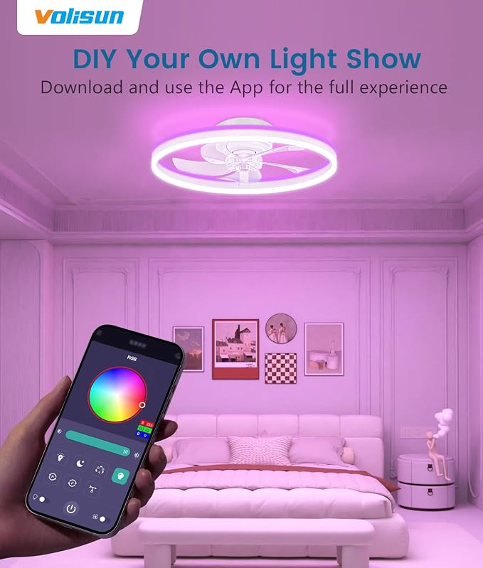 VOLISUN RGB Ceiling Fans with Lights and Remote, 20in Low Profile Ceiling Fans with Lights Flush Mount, 3000K-6500K Dimmable Fandelier LED Fan Light, White Bladeless Ceiling Fans for Bedroom