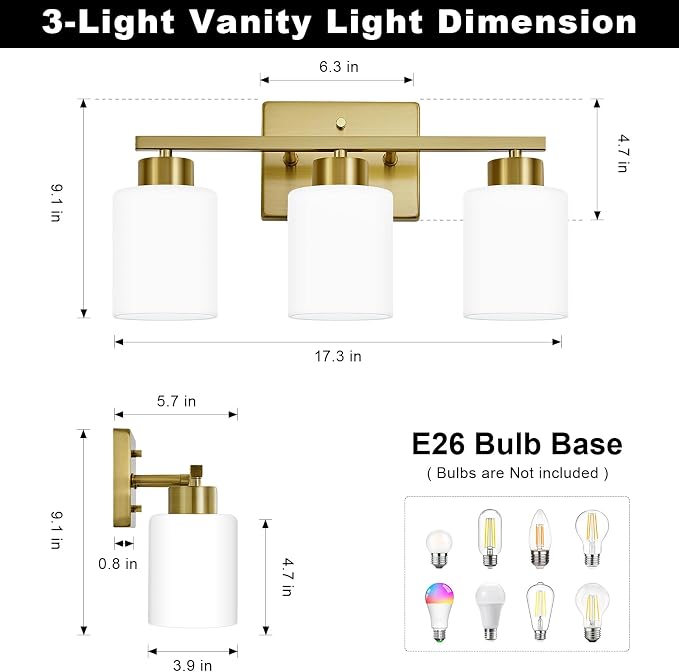 FonmYim Brushed Gold Bathroom Light Fixtures, 3-Light Modern Vanity Light Over Mirror, Wall Sconces with Milky White Frosted Glass Shades, E26 Socket (Bulbs Not Included)