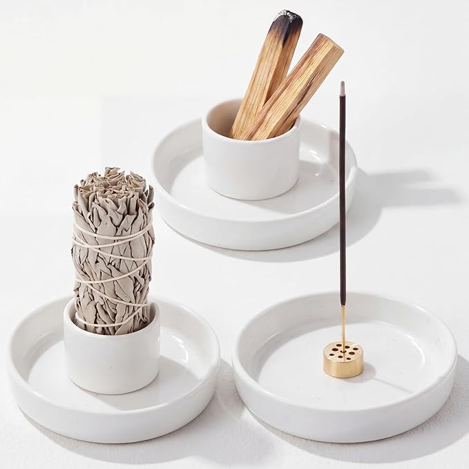 Unittype 3 Pcs Incense Burner Tray, Ceramic Sage Holder, Palo Santo Burner with a 9-Hole Incense Stick Holder for Meditation Yoga Room Decoration, White Speckled