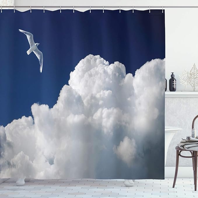 Ambesonne Seagulls Shower Curtain, Cloudy Sky and Flying Seagull Sunny Forecast Meteorology Cloudscape Image, Cloth Fabric Bathroom Decor Set with Hooks, 69" W x 84" L, Blue White