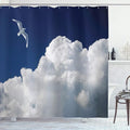 Ambesonne Seagulls Shower Curtain, Cloudy Sky and Flying Seagull Sunny Forecast Meteorology Cloudscape Image, Cloth Fabric Bathroom Decor Set with Hooks, 69" W x 84" L, Blue White