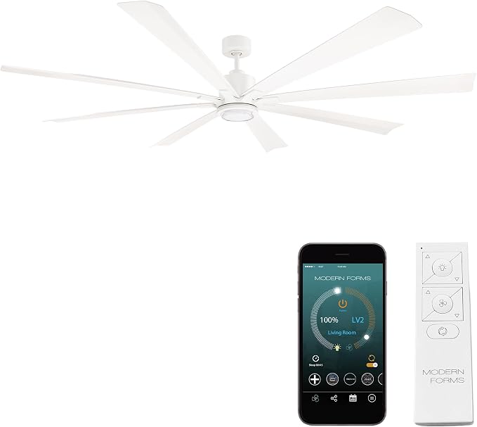 Modern Forms Size Matters Indoor and Outdoor 8-Blade 84in Smart Ceiling Fan in Matte White with 2700K-3000K-4000K-5000K Selectable LED Light Kit and Remote Control with Alexa and iOS or Android App