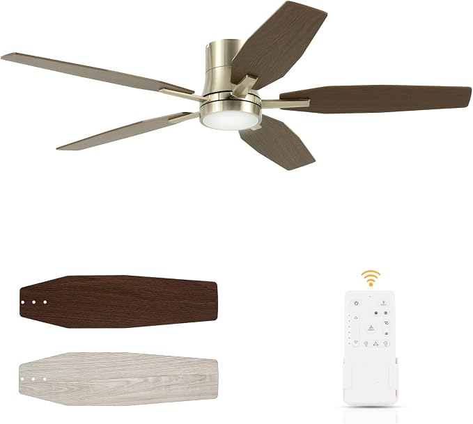 52" Flush Mount Ceiling Fan - 5 Blades Ceiling Fan with Light for Living Room and Bedroom - 5000 CFM - Quiet DC Motor - Dimmable - Reversible Function - Light Wood Tone/Dark Brown