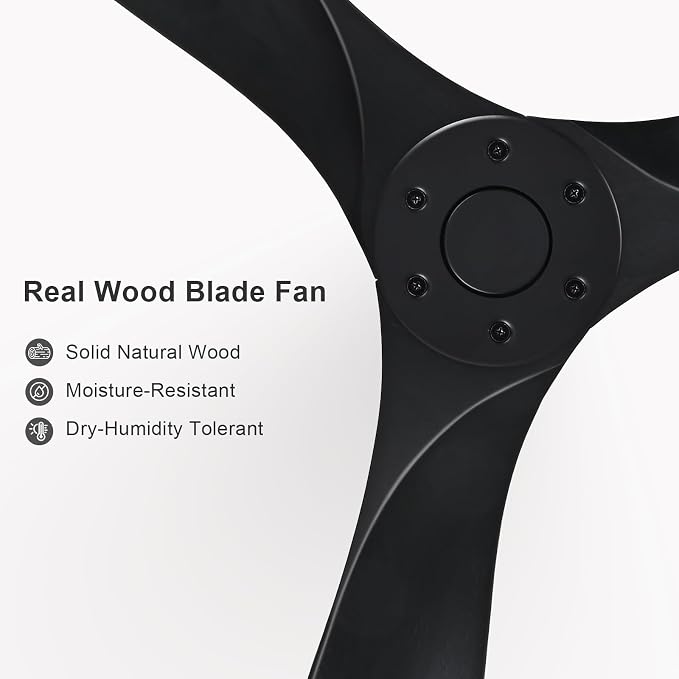 heimo 52 inch Black Ceiling Fan No Light,3 Blade Wood Indoor Outdoor Ceiling Fans Without Lights for Patios Bedroom Living Room Mid Century Modern Propeller Outside Exterior Wooden Fan with Remote