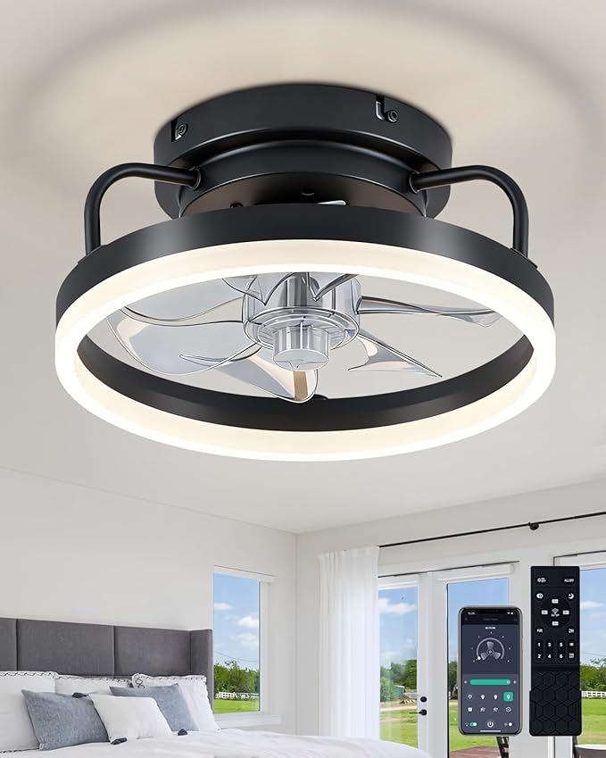 Ceiling Fan with Lights, Low Profile Ceiling Fans with Lights and Remote, Flush Mount LED Fan Light, Modern Bladeless Fandelier for Bedroom Works with APP, 12IN Black