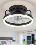 Ceiling Fan with Lights, Low Profile Ceiling Fans with Lights and Remote, Flush Mount LED Fan Light, Modern Bladeless Fandelier for Bedroom Works with APP, 12IN Black