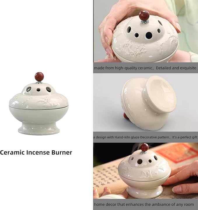 Ceramic Incense Burner - Creamy White insence Holder for Frankincense, Bakhoor, Charcoal, Stick, Powder, Cone, Coil, and Tower Incense