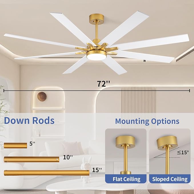 LANMEL 72'' Ceiling Fan with Lights and Remote, Low Profile Modern Ceiling Fan Gold, 6 Speed, Reversible, 3000k-6000k LED, Quiet DC Motor for Indoor Outdoor Bedroom Living Room