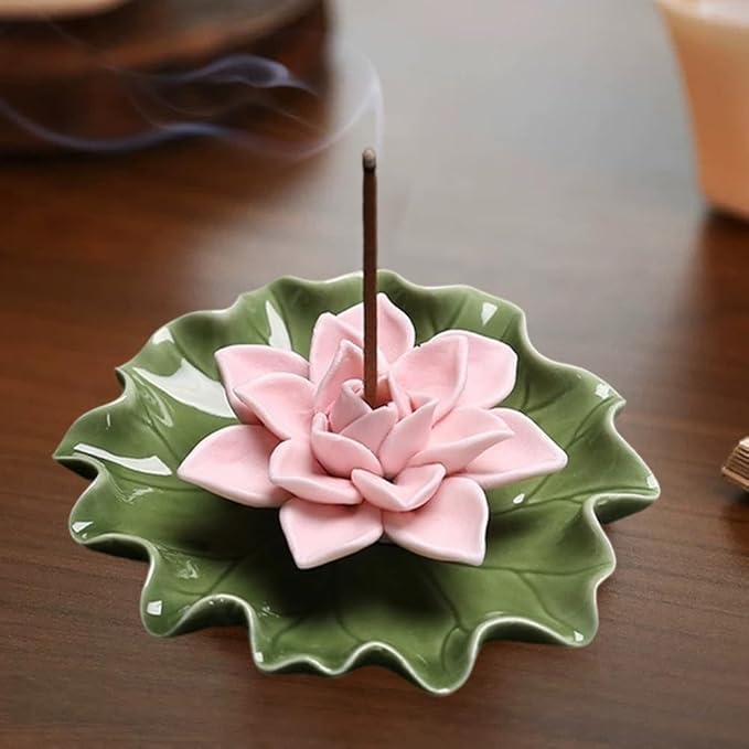 CREATCABIN Lotus Ceramic Incense Holder Incense Burner Stick Detachable Ash Catcher Lotus Leaf Burners Tray for Sticks Home Yoga Teahouse Zen Buddhist Altar Purify Spiritual Supplies Pink 3.54 Inch