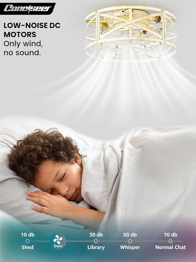 Conciseer 20 Inch Caged Ceiling Fans with Lights and Remote, Flush Mount, Low Profile 7 Blades, 6 Speed Reversible Quiet DC Motor for Bedroom, Kitchen and Living Room, White/Gold Brushed
