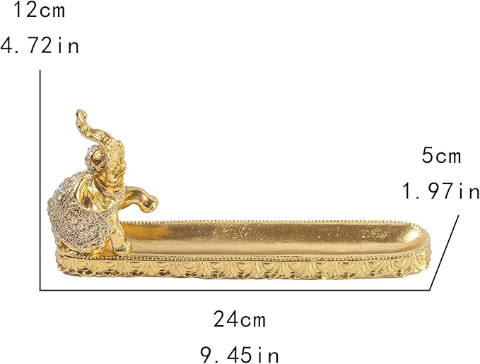 Decorative Gold Elephant Incense Holder Tray, Ornate Design with Trunk Up Figurine, Home Decor Accent Piece