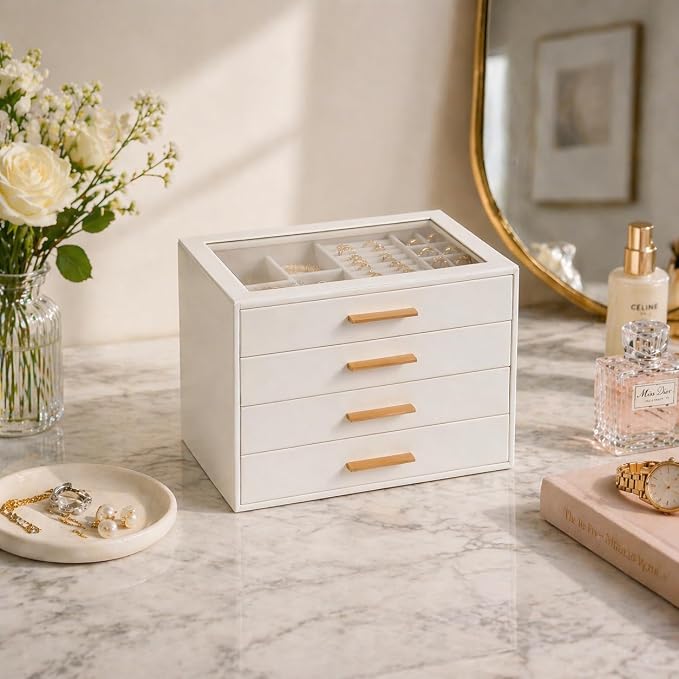 GUOER Jewelry Box for Women 4 Layers, Glass Lid Jewelry Organizer with 4 Drawers Cloud White PU Jewelry Storage Case for Necklaces Rings Earrings Bracelets Mother's Day