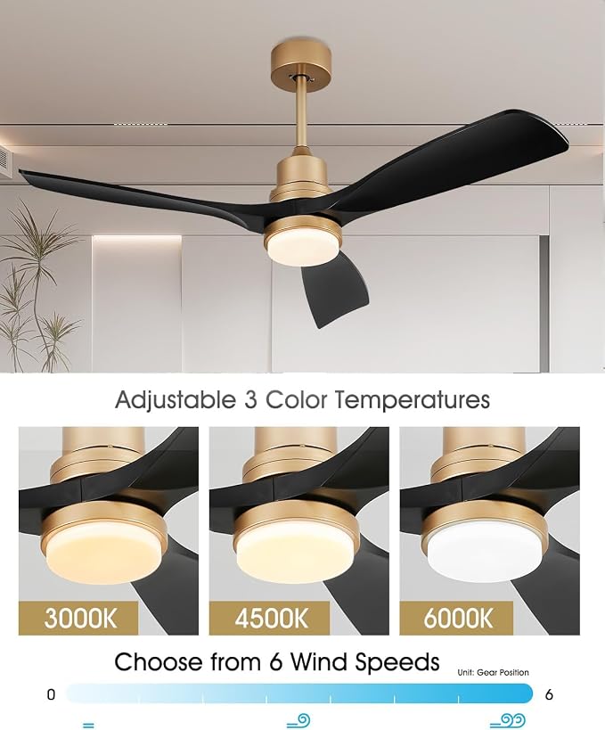 52" Modern Black and Gold Ceiling Fan with Lights and Remote, ETL Listed, 3 Downrods, 3 Wood Blade Gold Black Ceiling Fans, Reversible Quiet DC Motor, 3 Timer for Outdoor Patio Bedroom,52in,Black Gold