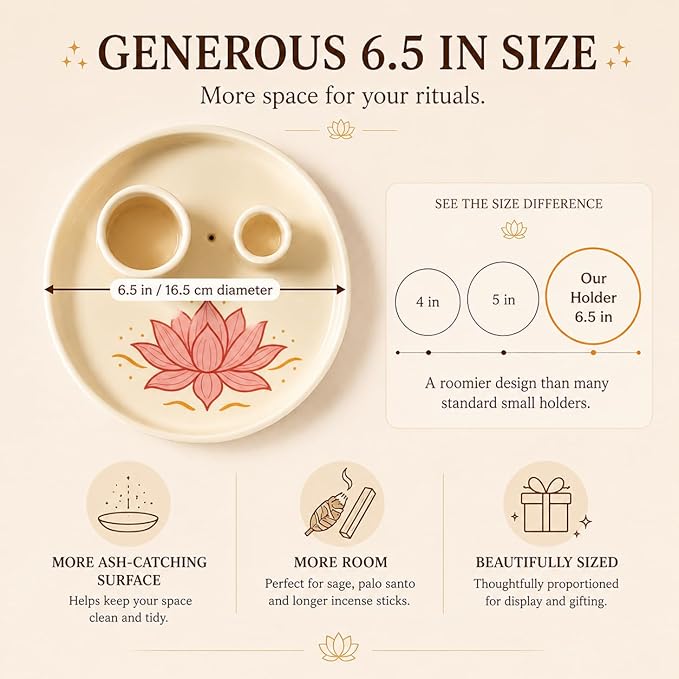 Incense & Palo Santo Holder – 6.5'' Ceramic Sage Burner for Sticks, Bundles, Cones, Candle & Tealight with Ash Catcher – Jewelry Tray, Smudge Pot, Home Décor, Meditation Gift (Pink Lotus)