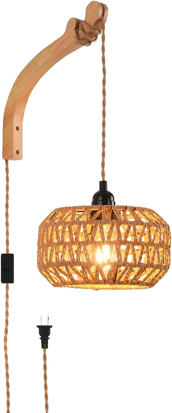 Plug in Wall Sconce,Farmhouse Wicker Wall Lamp Plug in,Hand Woven Rattan Wall Light Farmhouse Rustic Boho Sconces Wall Lighting for Living Room Bedroom