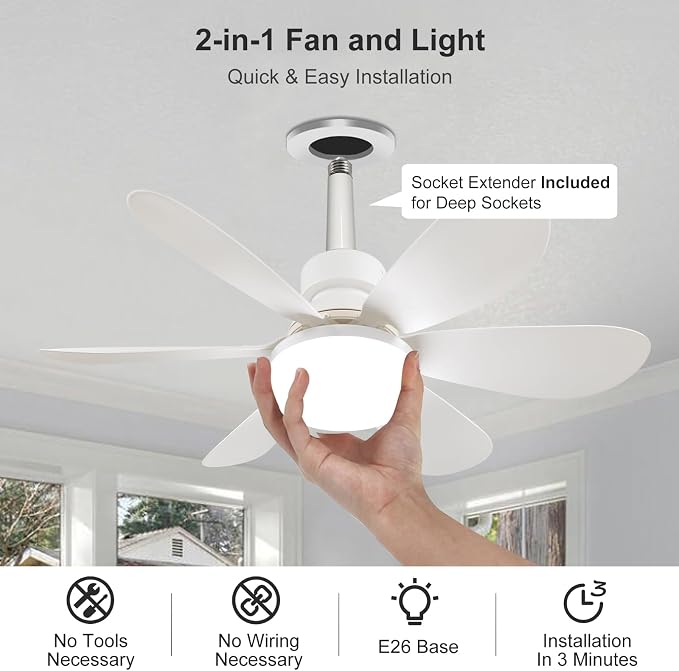 20.5"Socket Fan Light with Remote,E26 Base 40W/3000-6000K Dimming | Portable Small Screw in Ceiling Fan with Light Bulb for Bedroom,Kitchen,Garage,3Color Modes,1900LM 8-Level Dimming Brightness