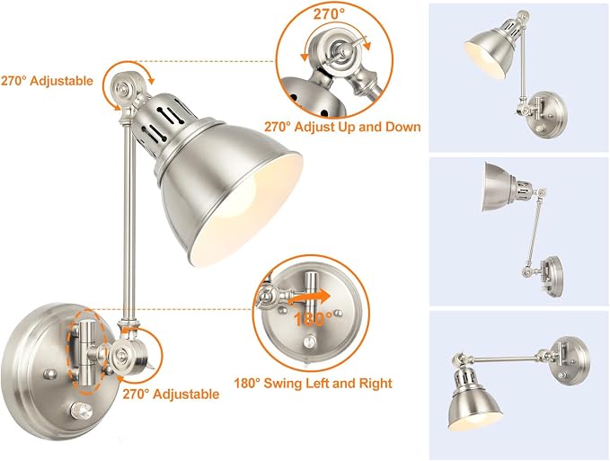 GOODATE 1 Pack Plug in Wall Sconce with Remote Control, Dimming, Adjustable Colors 2700K-6500K, Plug in Wall Light, Swing Arm Wall Lamp with Night Light & Timer, LED Bulb Included, Brushed Nickel