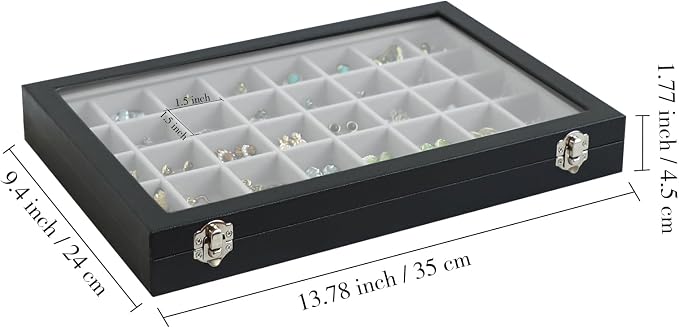 Stratalife 40 Grid Earring Organizer, Jewelry Holder Organizer with Lid | PU Leather Storage Box for Earring, Ring, Studs and Trinkets, Soft Velvet Drawer Organizer for Women, Dustproof, Gray Black