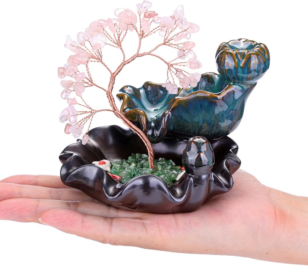 Jovivi Backflow Incense Burner Ceramic Incense Waterfall, Natural Rose Quartz Healing Crystal Money Tree Incense Holder for Wealth, Good Luck, Yoga Meditation, Home Decor