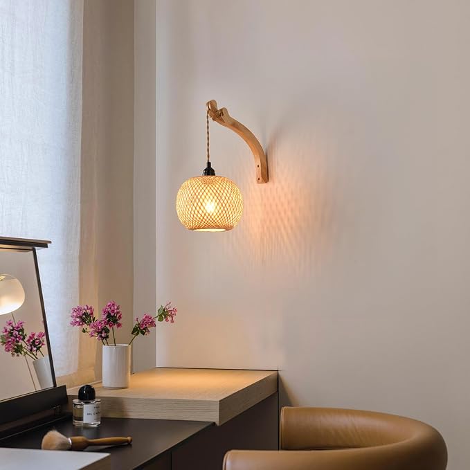 Plug in Wall Sconce,Farmhouse Wicker Wall Lamp Plug in,Hand Woven Rattan Wall Light Farmhouse Rustic Boho Sconces Wall Lighting for Living Room Bedroom