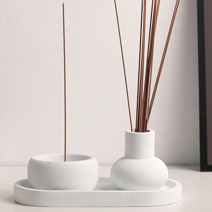 Concrete Incense Burner Set with Holder and Tray,Multifunction Incense Holder for Burning Sage,Palo Santo,Incense Sticks,Ideal for Meditation Home Decor(White)