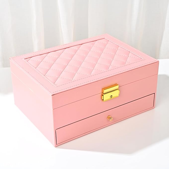 GUOER Jewelry Organizer Box for Women - Large PU Leather Jewelry Organizer Storage Case with Two Layers Display for Earrings Bracelets Rings Watches (Pink) | Vintage Quilting Stitching PU Leather, Earrings Bracelets Rings Necklace Watches Storage Large...