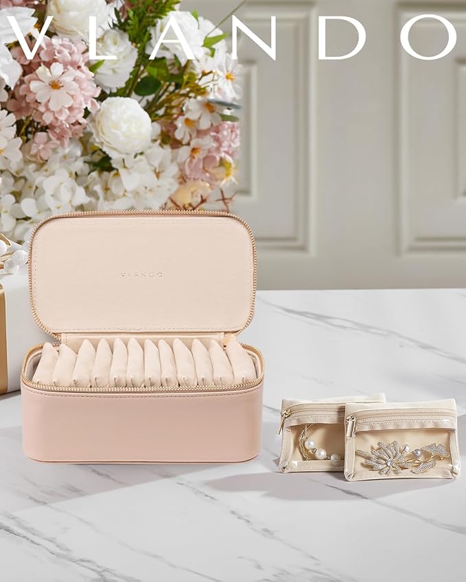 VLANDO Jewelry Travel Case,Travel Jewelry Organizer with Clear Velvet Jewelry Bags 12Pcs Zipper Pouch for Women Wedding Gifts for Friends Sister-Khaki
