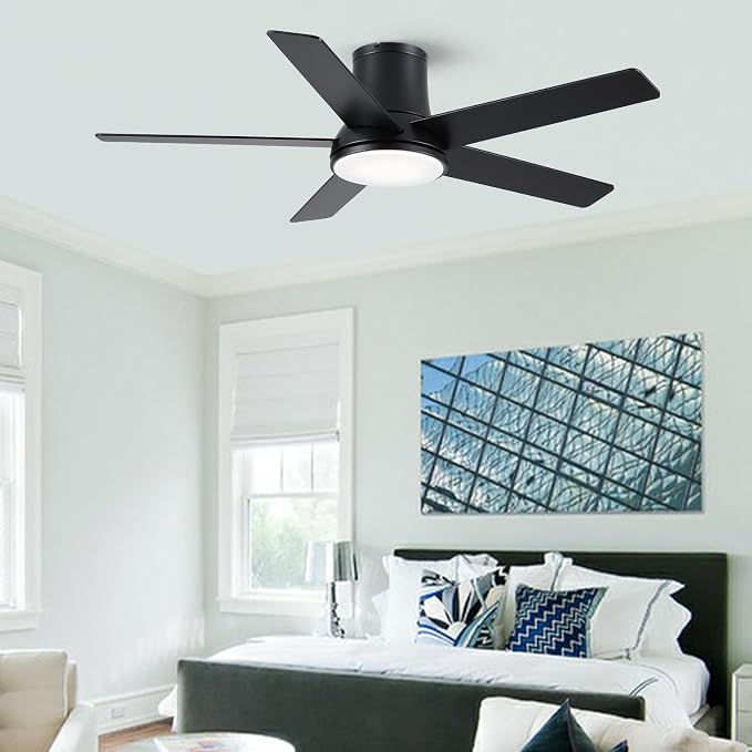 52 Inch Pro Black Flush Mount Ceiling Fans with Lights and Remote | 3CCT Dimmable LED, 6 Speed, Quiet DC Motor, 3-Level Timer Function, Forward/Reserve For all Seasons, Indoor/Covered Outdoor