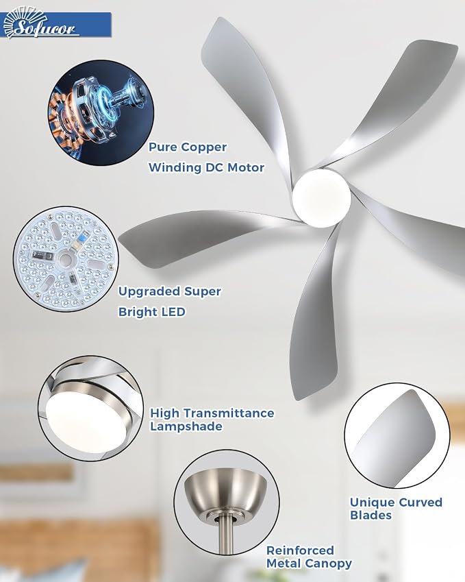 Sofucor 52" Smart Ceiling Fan, Indoor/Outdoor Ceiling Fans with Lights and Remote, Compatible with Alexa/Google/App, 3-Color Light 6-Speed Timing Reversible DC Motor for Bedroom Living Room Patio