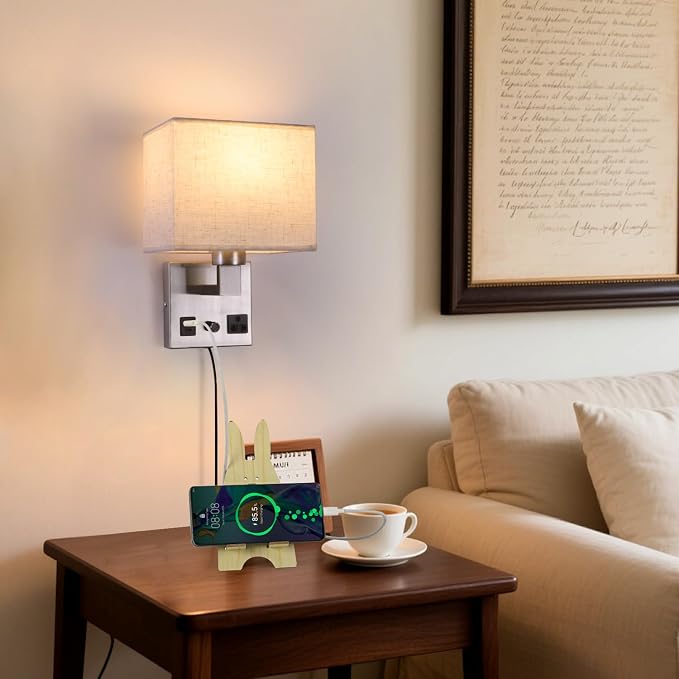 Bedside Wall Lamp for Bedroom, Plug in Wall Sconce - Dimmable Switch with AC Outlet & USB Charging Port, Fabric Shade, Black Wall Mounted Light for Living Room, Hotel (Satin Nickel)