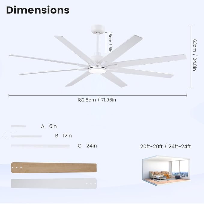 Newday 72 inch Large Ceiling Fans with Lights and Remote, Indoor/Outdoor White Ceiling Fan for Living Room Patio, 6 Speeds Silent Reversible DC Motor, 3CCT, Timer, 3 Downrods, 8 Blades