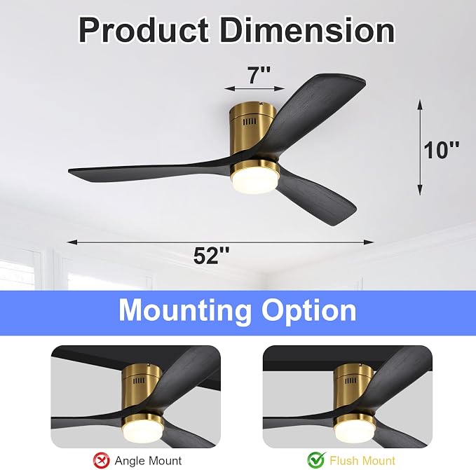 Sofucor 52 Inch Ceiling Fans with Lights, Flush Mount Black Indoor/Outdoor Ceiling Fan with Light Remote Control, Reversible DC Motor, 3 Blade Solid Wood Ceiling Fan Light for Bedroom Patio Farmhouse