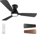 Ensenior 42 Inch Flush Mount Ceiling Fan with Light and Remote, Low Profile Ceiling Fans with Lights, 3 Blades (Black/Wood), Quiet DC Motor, 6 Speeds, 3 Color, Memory Function, Fan for Bedroom, Black
