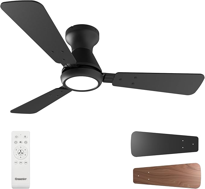 Ensenior 42 Inch Flush Mount Ceiling Fan with Light and Remote, Low Profile Ceiling Fans with Lights, 3 Blades (Black/Wood), Quiet DC Motor, 6 Speeds, 3 Color, Memory Function, Fan for Bedroom, Black