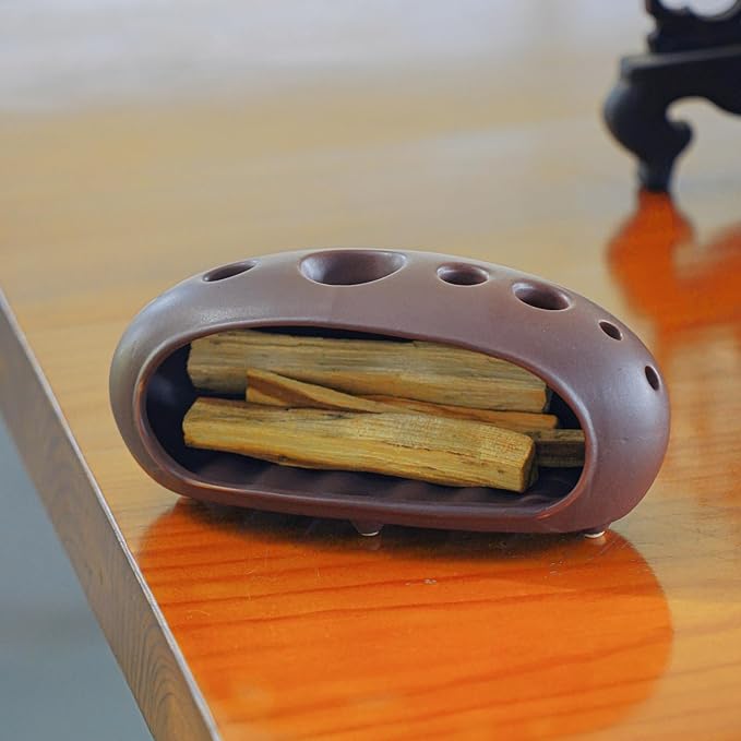3 in 1 Palo Santo Holder for Sage Bundles Cone Incense, Handcrafted Ceramic Incense Burner Holder Ash Catcher with Chimney, Smudge Bowl for Yoga Meditation Home Decor (Multi - Porous Red)