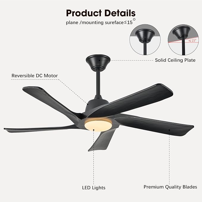 Ceiling Fan with Light, 52 Inch Solid Wood Ceiling Fans, Remote and APP Control, 3-color Dimmable, DC Motor, 6-speed Reversible, for Bedroom, Living Room, Black