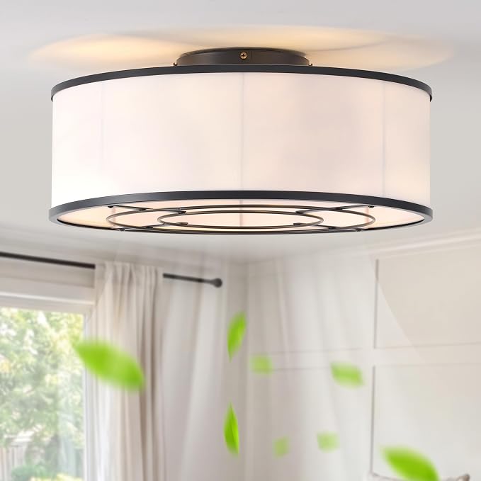 Low Profile Ceiling Fans with Lights, 20" Black Boho Ceiling Fan with Light Flush Mount and Remote Control, Drum Caged with 6 Speeds for Bedroom, Nursery, Living Room
