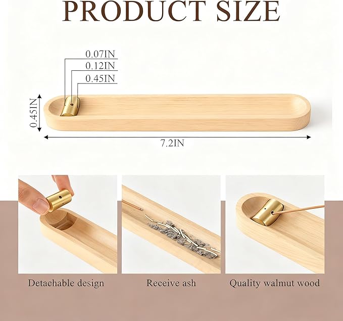 Wood Incense Holder for Sticks with Ash Catcher, 7.2 Inch Brass Incense Burner with 3 Holes, Wooden Incense Stick Holder for Meditation, Yoga, SPA & Home Decor